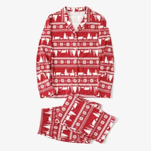 Christmas Tree & Bear Print Notched Collar button-down Shirt and Pants Family Matching Pajamas Sets (Flame Resistant) #1076475