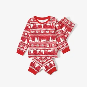 Christmas Tree & Bear Print Notched Collar button-down Shirt and Pants Family Matching Pajamas Sets (Flame Resistant) #1076484