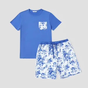 Family Matching Blue Floral Drawstring Pajamas (Flame Resistant) #1332664