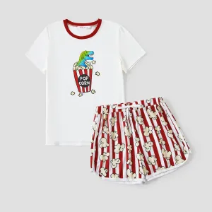 Family Matching Dinosaur Popcorn Pattern Top and Stripe shorts Pajama Sets (Flame Resistant) #1332268