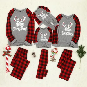 Merry Christmas Antler Letter Print Plaid Design Family Matching Pajamas Sets (Flame Resistant) #1010845