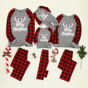 Merry Christmas Antler Letter Print Plaid Design Family Matching Pajamas Sets (Flame Resistant) #1171290