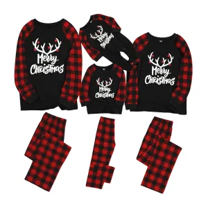 Merry Christmas Antler Letter Print Plaid Design Family Matching Pajamas Sets (Flame Resistant) #814704