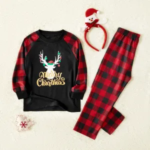 Merry Christmas Letter Antler Print Plaid Splice Matching Pajamas Sets for Family (Flame Resistant) #1004564
