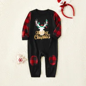 Merry Christmas Letter Antler Print Plaid Splice Matching Pajamas Sets for Family (Flame Resistant) #814536
