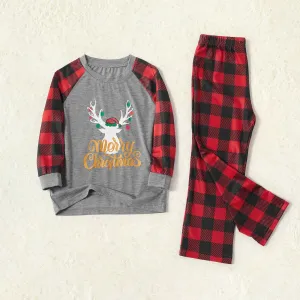 Merry Christmas Letter Antler Print Plaid Splice Matching Pajamas Sets for Family (Flame Resistant) #814549