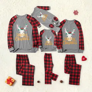 Merry Christmas Letter Antler Print Plaid Splice Matching Pajamas Sets for Family (Flame Resistant) #814561