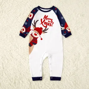 Merry Xmas Letters and Reindeer Print Navy Family Matching Long-sleeve Pajamas Sets (Flame Resistant) #1004613