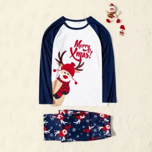 Merry Xmas Letters and Reindeer Print Navy Family Matching Long-sleeve Pajamas Sets (Flame Resistant) #1004618