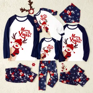 Merry Xmas Letters and Reindeer Print Navy Family Matching Long-sleeve Pajamas Sets (Flame Resistant) #1008483