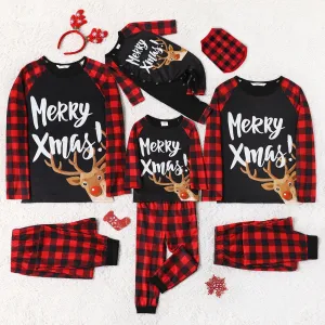 Mosaic Family Matching ' Merry Xmas ' Reindeer Print Plaid Christmas Pajamas Setsï¼Flame Resistantï¼ #1004610