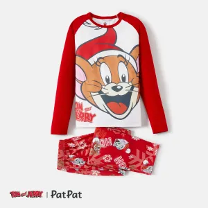 Tom and Jerry Family Matching Red Christmas Graphic Raglan-sleeve Pajamas Sets (Flame Resistant) #210409