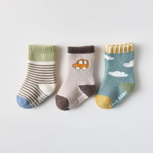 3-pack Baby/toddler's Thick terry and fun car/cloud/stripe adorned non-slip sock mix #1104709