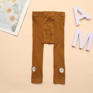 Baby / Toddler Daisy Embroidery Pure Color Ribbed Leggings
