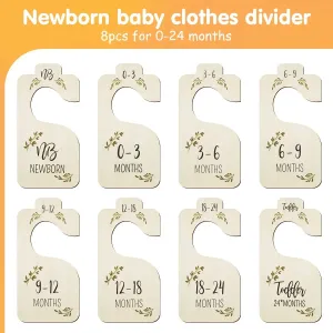 8-pack Beautiful Wooden Baby Closet Dividers for Clothes, Double-Sided Organizer from Newborn to 24 Months, Adorable Nursery Decor Hanger Dividers Eas