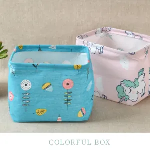 Cartoon Print Foldable Storage Basket with Handle Waterproof Cotton Linen Storage Bins for Books Toys Clothes #196806