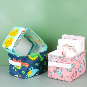 Cartoon Print Foldable Storage Basket with Handle Waterproof Cotton Linen Storage Bins for Books Toys Clothes #196807