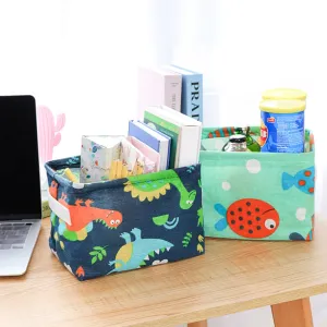 Cartoon Print Foldable Storage Basket with Handle Waterproof Cotton Linen Storage Bins for Books Toys Clothes #196808
