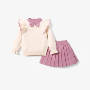 2-piece Toddler Girl Bowknot Flounced Knitted Sweater and Pleated Skirt Set #186784