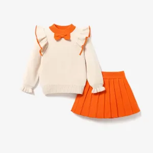 2-piece Toddler Girl Bowknot Flounced Knitted Sweater and Pleated Skirt Set #186787