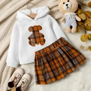 2-piece Toddler Girl Bear Embroidered Hoodie Sweatshirt and Plaid Skirt Set #195185