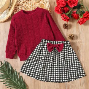 2-piece Toddler Girl Cable Knit Textured Sweater and Bowknot Design Houndstooth Skirt Set #994158