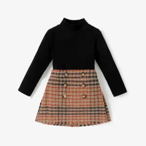 2-piece Toddler Girl Mock Neck Ribbed Long-sleeve Black Top and Button Design Plaid Skirt Set #193712
