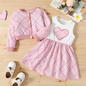 2-piece Toddler Girl Plaid Long-sleeve Coat Cardigan and Heart Sleeveless Tank Dress Set #202606