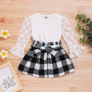 2-piece Toddler Girl Polka dots Mesh Puff-sleeve Blouse and Button Design Plaid Skirt with Belt Set #191872