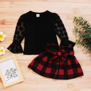 2-piece Toddler Girl Polka dots Mesh Puff-sleeve Blouse and Button Design Plaid Skirt with Belt Set #191878