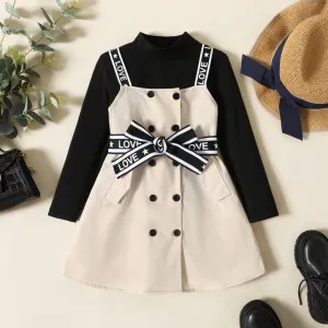 2-piece Toddler Girl Solid Long-sleeve Top and Double Breasted Dress Set #208817