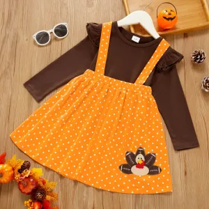 2-piece Toddler Girl Thanksgiving Ruffled Long-sleeve Solid Top and Polka dots Turkey Embroidery Suspender Skirt Set #1095445