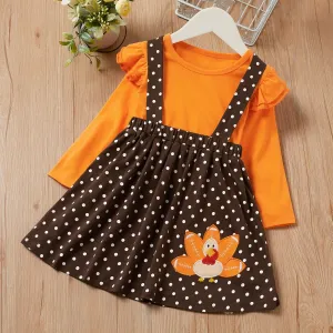 2-piece Toddler Girl Thanksgiving Ruffled Long-sleeve Solid Top and Polka dots Turkey Embroidery Suspender Skirt Set #1095450