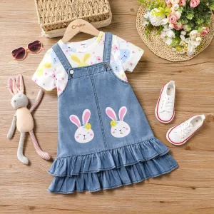 2pcs Sweet Toddler Girl Dress Set with Ruffle Edge and Cute Rabbit Print #1324100