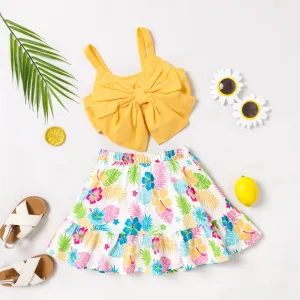 2pcs Toddler Girl 100% Cotton Bow Front Crop Camisole and Plant Floral Print Skirt Set #1035855