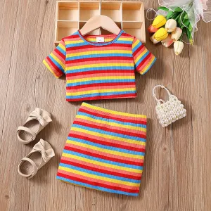 2pcs Toddler Girl 100% Cotton Colorful Stripe Short-sleeve Top and Bodycon Skirt Set #1042207