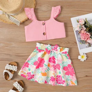 2pcs Toddler Girl 100% Cotton Front Buttons Flutter-sleeve Top and  Allover Floral Print Skirt Set