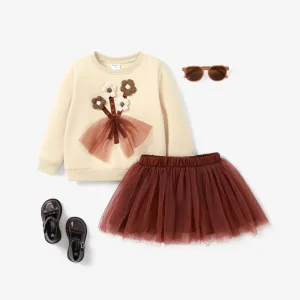 2pcs Toddler Girl 3D Flower Design Sweatshirt and Multi-layered Mesh Skirt Set #1211617