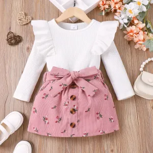 2pcs Toddler Girl 95% Cotton Ruffle Ribbed Solid Long-sleeve Tee and Allover Floral Print Belted Skirt Set #1051887