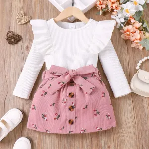 2pcs Toddler Girl 95% Cotton Ruffle Ribbed Solid Long-sleeve Tee and Allover Floral Print Belted Skirt Set #1091009