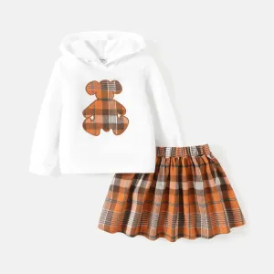 2pcs Toddler Girl Bear Embroidered Hoodie Sweatshirt and Plaid Skirt Set #753210