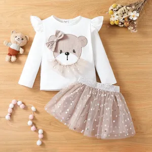 2pcs Toddler Girl Bear Pattern Mesh Flutter Sleeve Suit-Dress #1061786