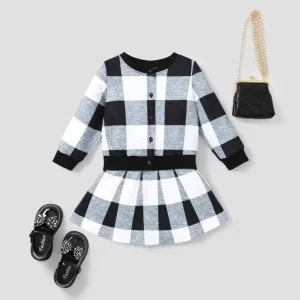 2PCS Toddler Girl Button/Secret Button Design Geometric Pattern School Dress Set #1115017