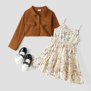 2pcs Toddler Girl Buttons Front Long-sleeve Jacket and Allover Floral Print Ruffle Slip Dress Set #1082778