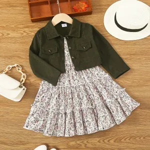 2pcs Toddler Girl Buttons Front Long-sleeve Jacket and Allover Floral Print Ruffle Slip Dress Set #1196078