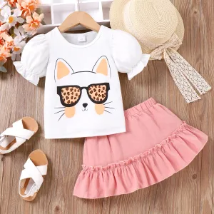 2pcs Toddler Girl Cat Pattern Puff-sleeve Top and Ruffle Solid Skirt Set