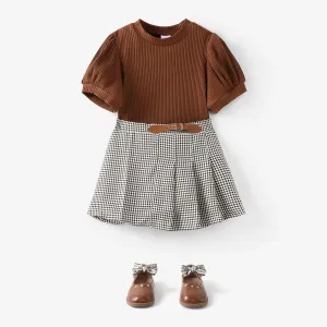 2pcs Toddler Girl Classic Puff-sleeve Tee and Houndstooth Pleated Skirt Set #811995