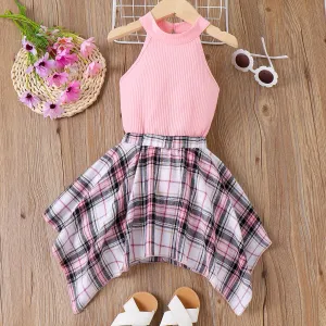 2pcs Toddler Girl Cotton Rib-knit Halterneck Top and Asymmetrical Hem Plaid Skirt Set #1039358