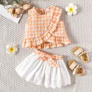 2pcs Toddler Girl Cotton Ruffle Trim Plaid Top and Belted Schiffy Skirt Set #919904