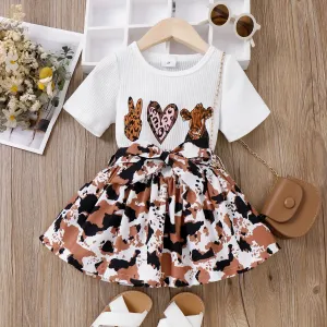 2pcs Toddler Girl Cotton Short-sleeve Rib-knit Top and Belted Cow Pattern Skirt Set #1039686